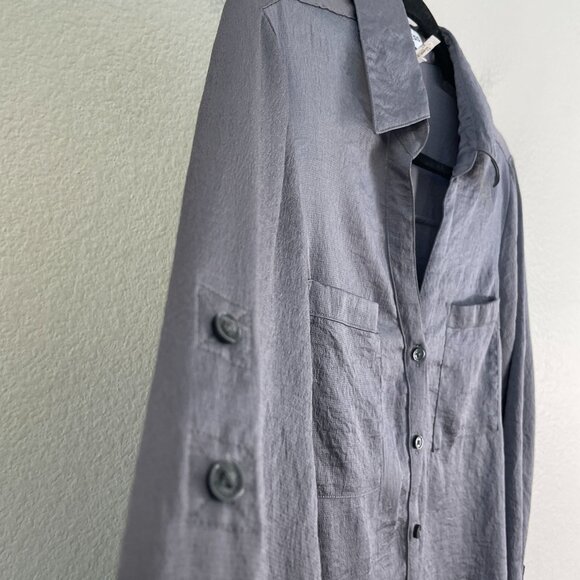 Express Portofino Shirt Womens Medium Slim Fit Gray Crinkled Roll Tab Sleeve Top - Picture 6 of 7